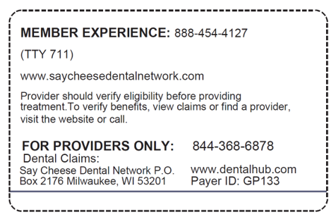 Say Cheese Dental Network sample card back view