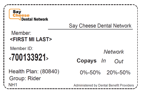 Say Cheese Dental Network sample card front view